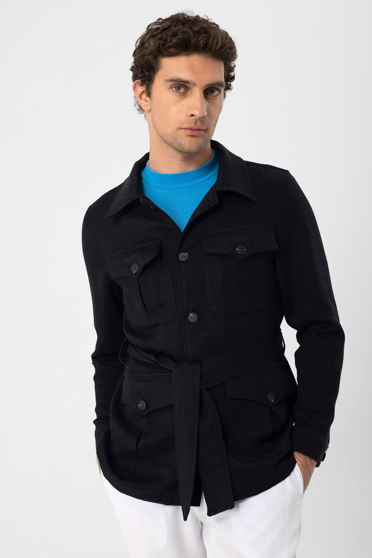 Men's Black Waist Belted Seasonal Linen Coat