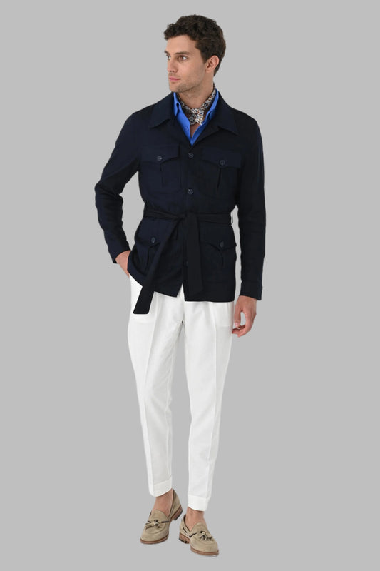 Men's Dark Navy Blue Waist Belted Seasonal Linen Coat