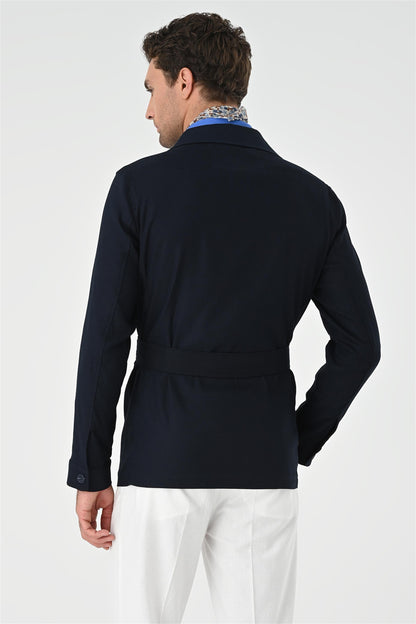 Men's Dark Navy Blue Waist Belted Seasonal Linen Coat