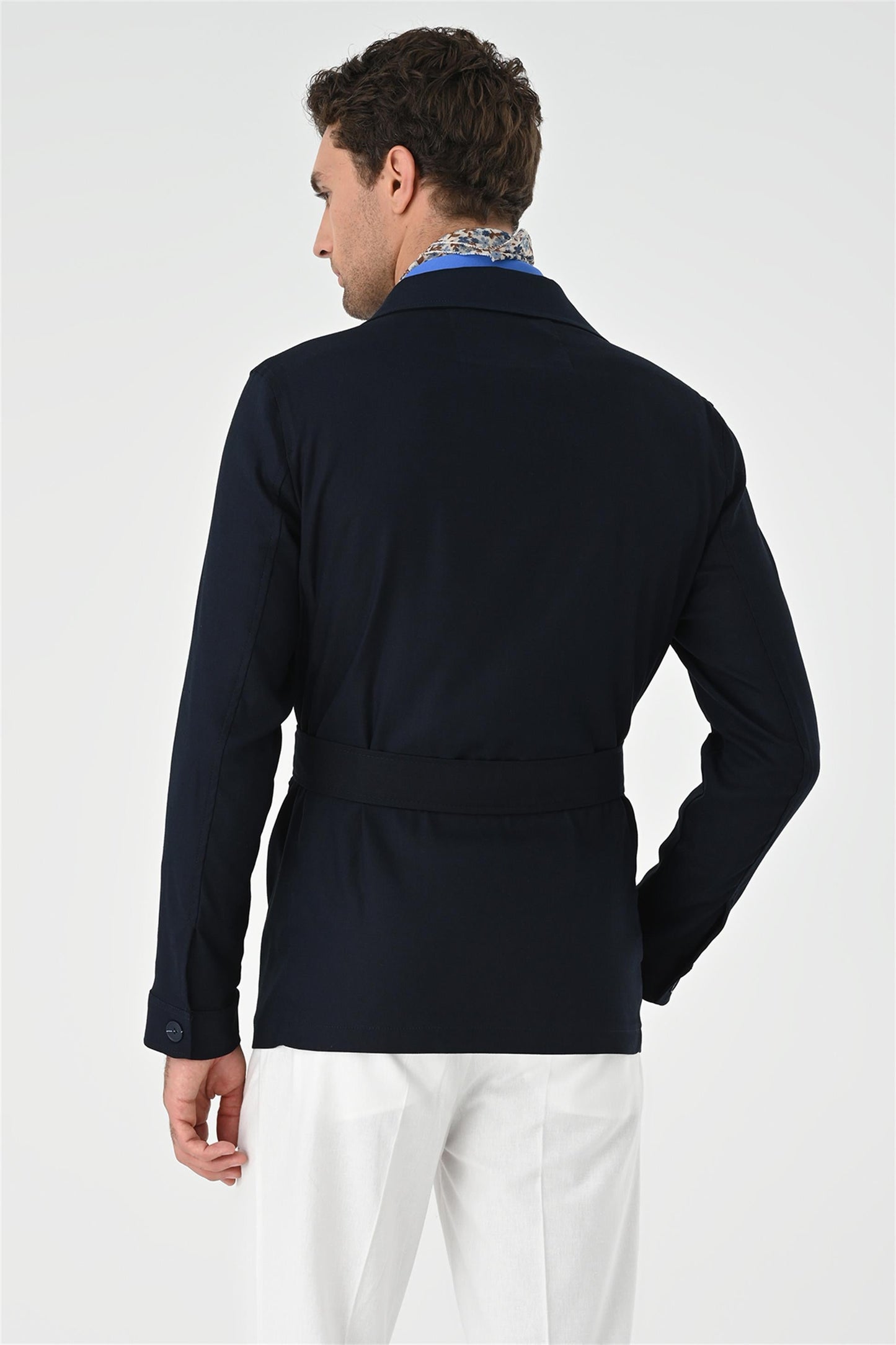 Men's Dark Navy Blue Waist Belted Seasonal Linen Coat