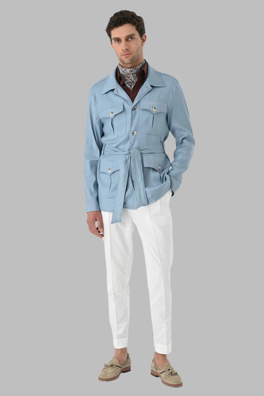 Men's Blue Waist Belted Seasonal Linen Coat