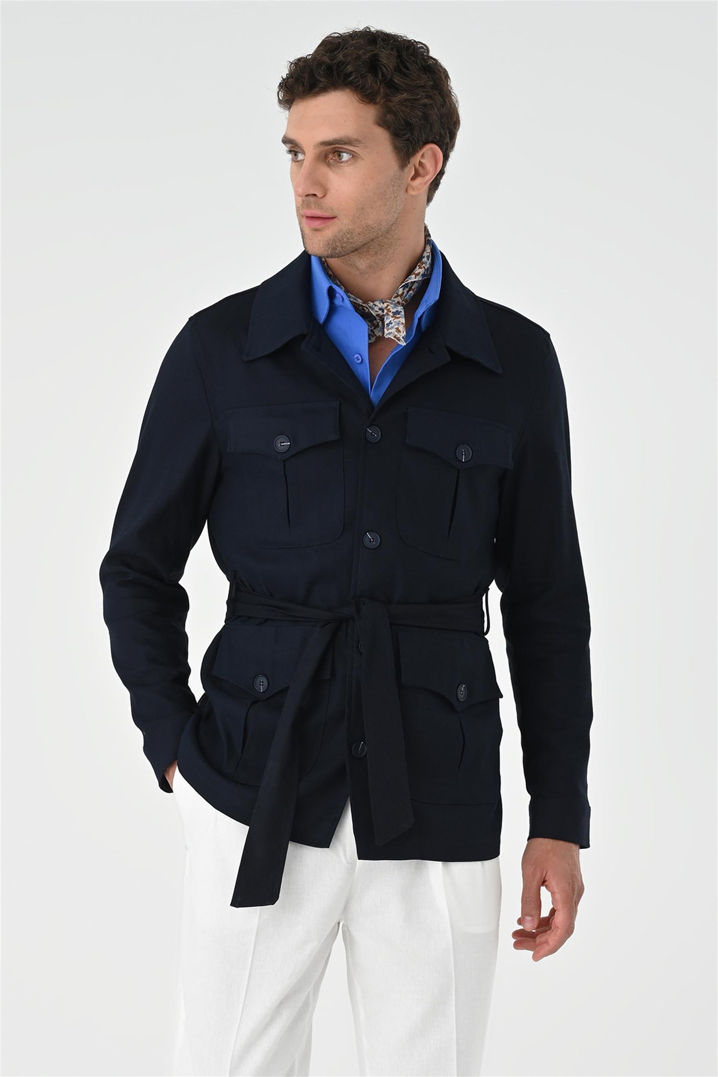 Men's Dark Navy Blue Waist Belted Seasonal Linen Coat