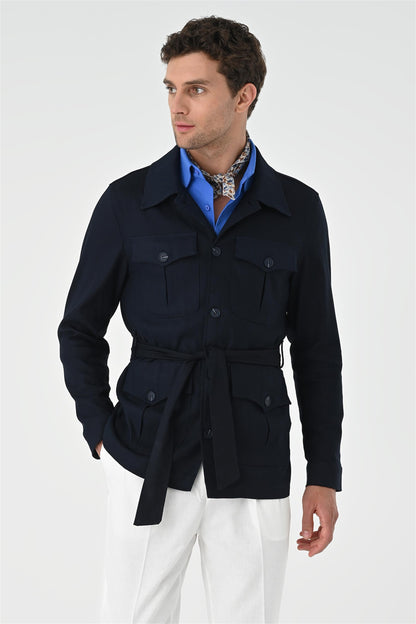 Men's Dark Navy Blue Waist Belted Seasonal Linen Coat