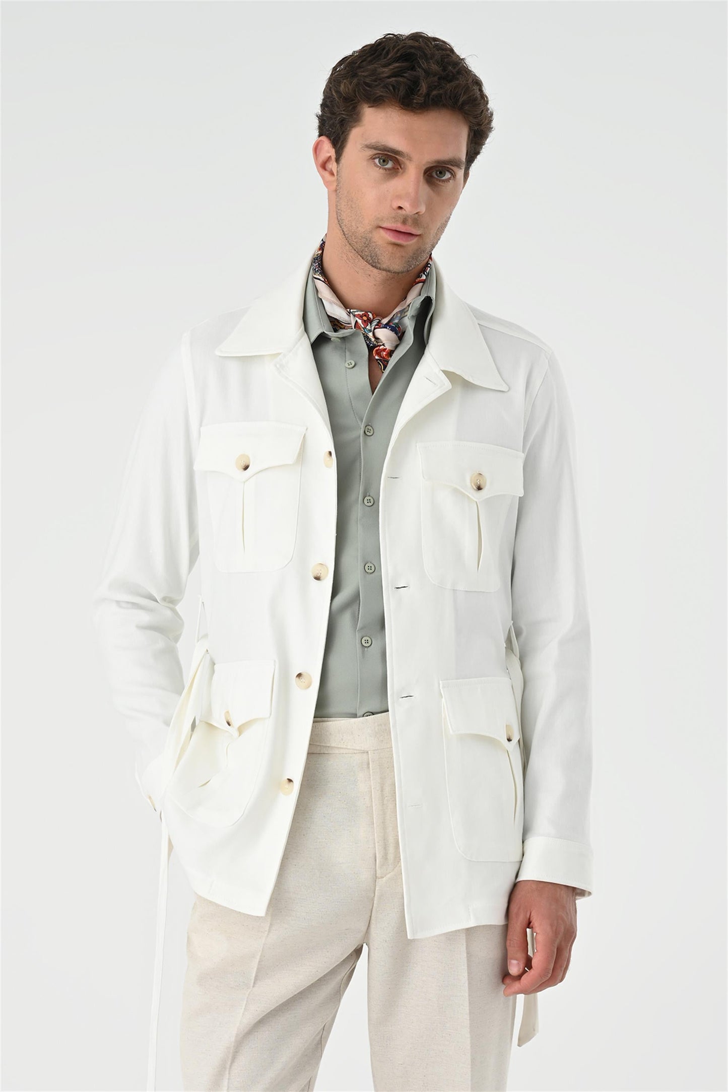 Men's Ecru Waist Belted Seasonal Linen Coat