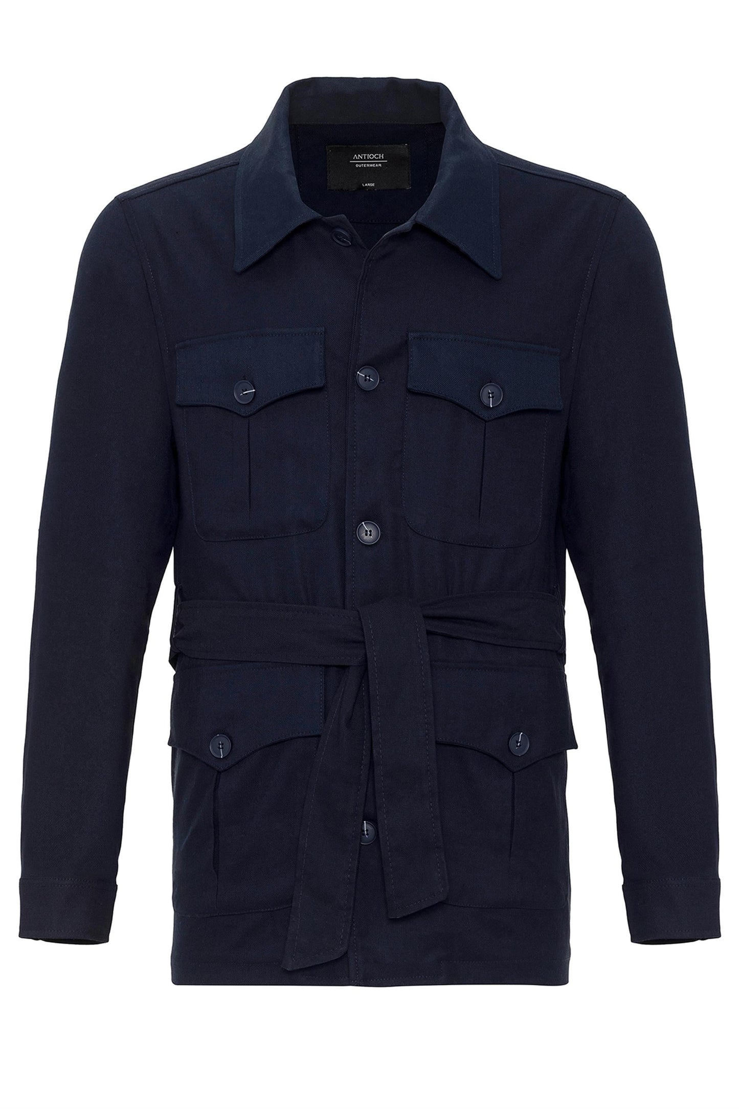 Men's Dark Navy Blue Waist Belted Seasonal Linen Coat