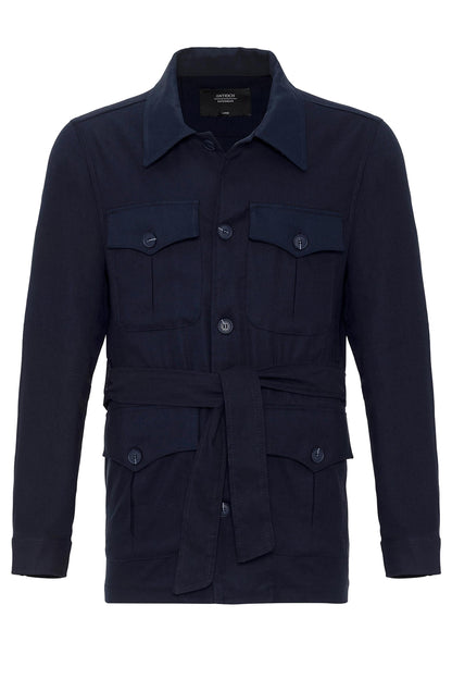 Men's Dark Navy Blue Waist Belted Seasonal Linen Coat