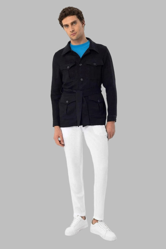 Men's Black Waist Belted Seasonal Linen Coat