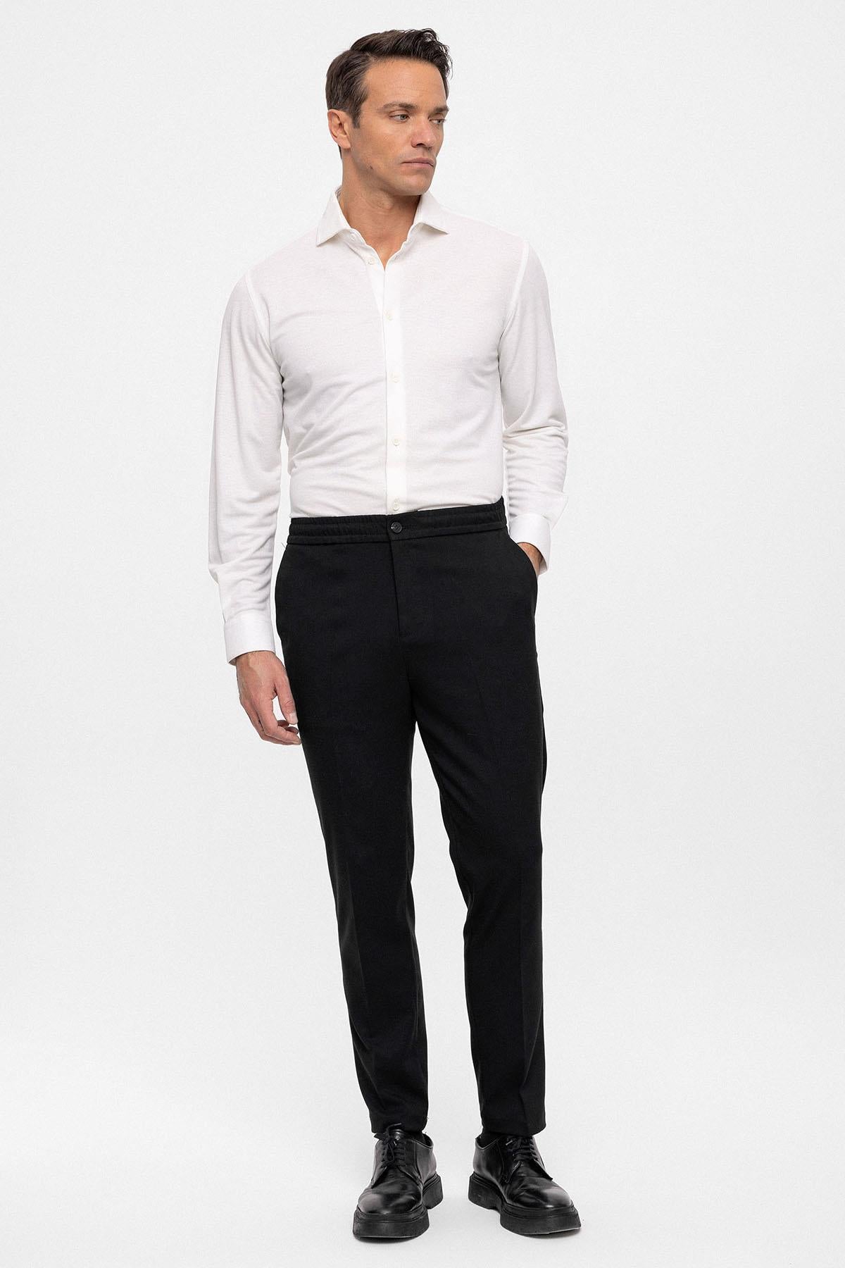 Men's Black Regular Fit Trousers with Elastic Waist