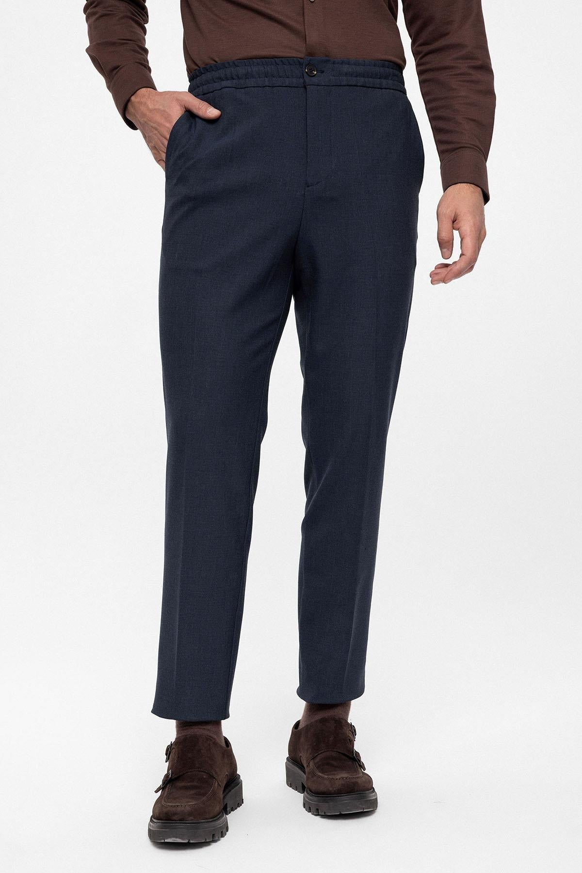 Men's Navy Blue Regular Fit Trousers with Elastic Waist