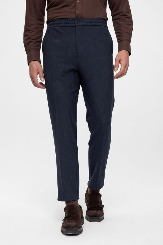 Men's Navy Blue Regular Fit Trousers with Elastic Waist