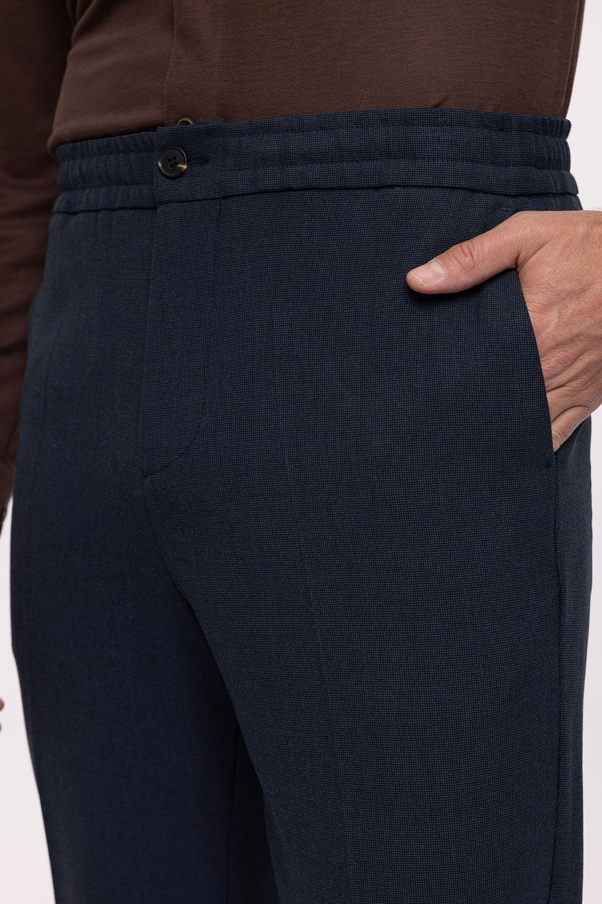 Men's Navy Blue Regular Fit Trousers with Elastic Waist
