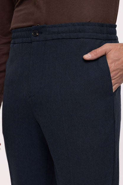 Men's Navy Blue Regular Fit Trousers with Elastic Waist