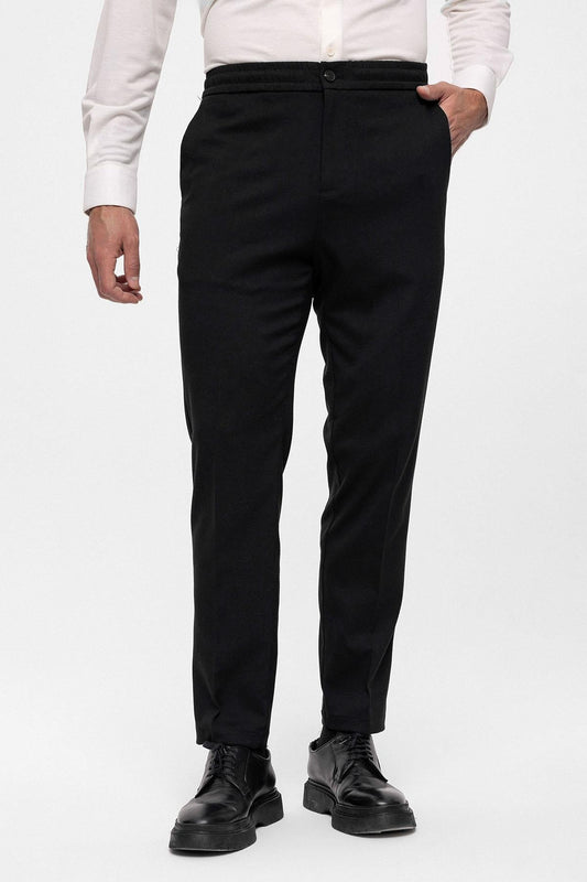 Men's Black Regular Fit Trousers with Elastic Waist