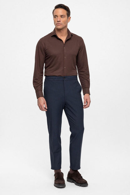 Men's Navy Blue Regular Fit Trousers with Elastic Waist