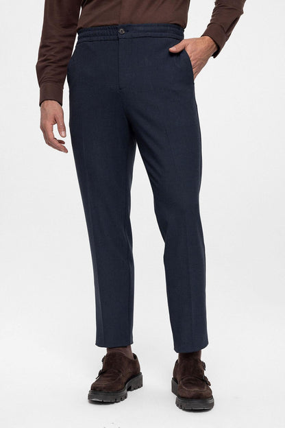 Men's Navy Blue Regular Fit Trousers with Elastic Waist
