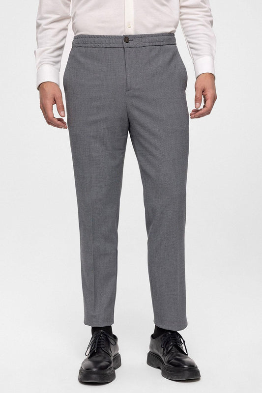 Men's Grey Regular Fit Trousers with Elastic Waist