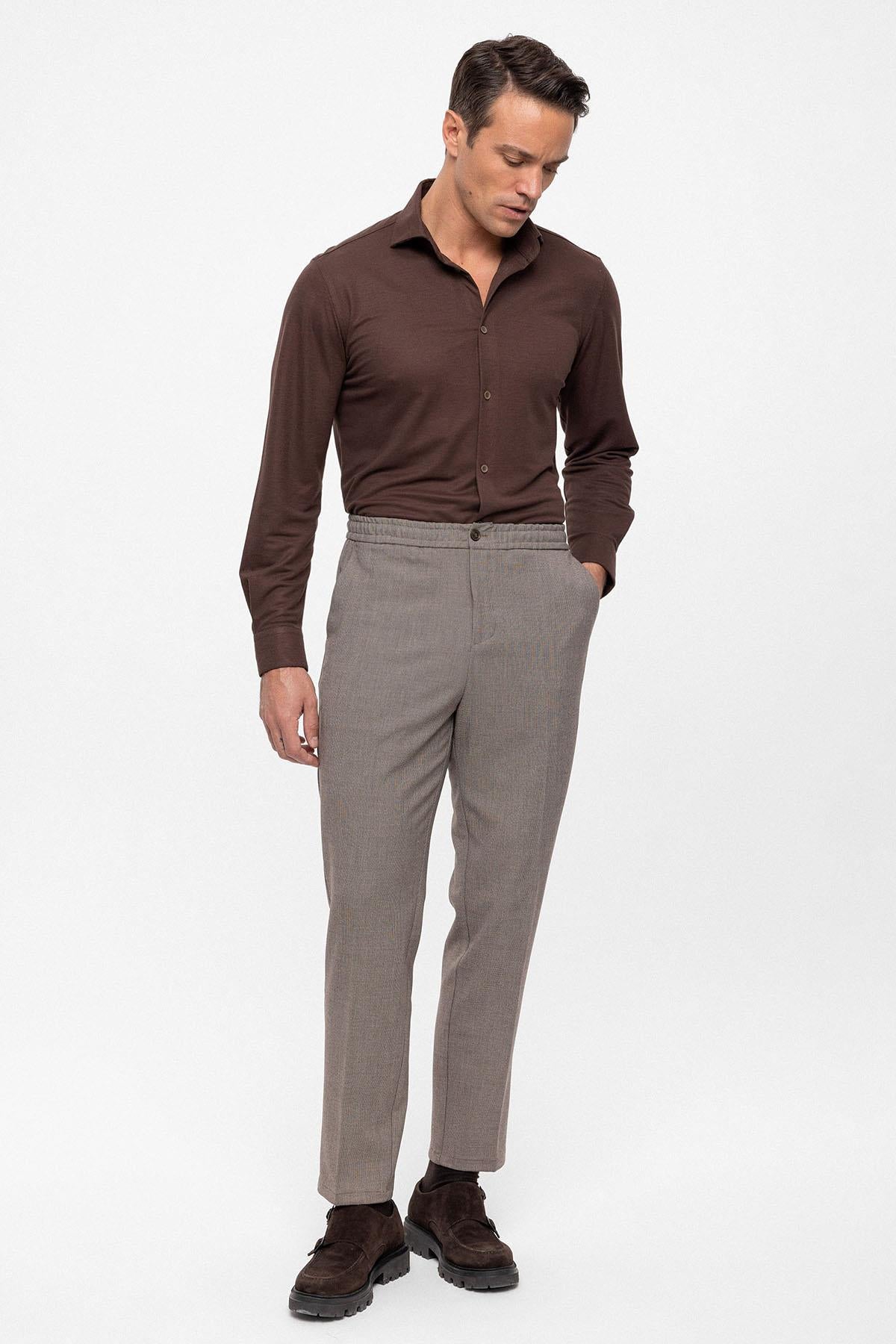 Men's Beige Regular Fit Trousers with Elastic Waist