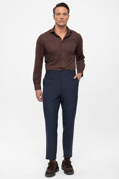 Men's Navy Blue Regular Fit Trousers with Elastic Waist