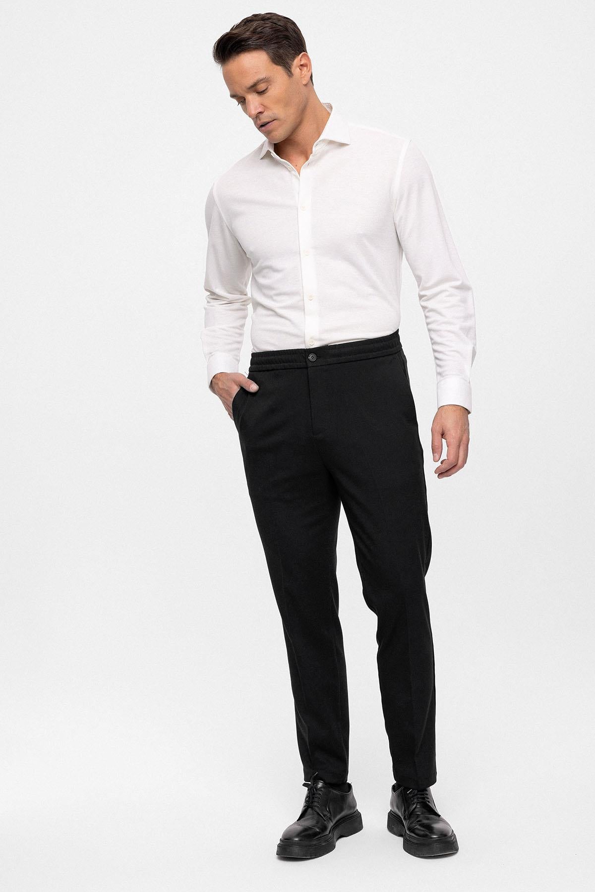 Men's Black Regular Fit Trousers with Elastic Waist