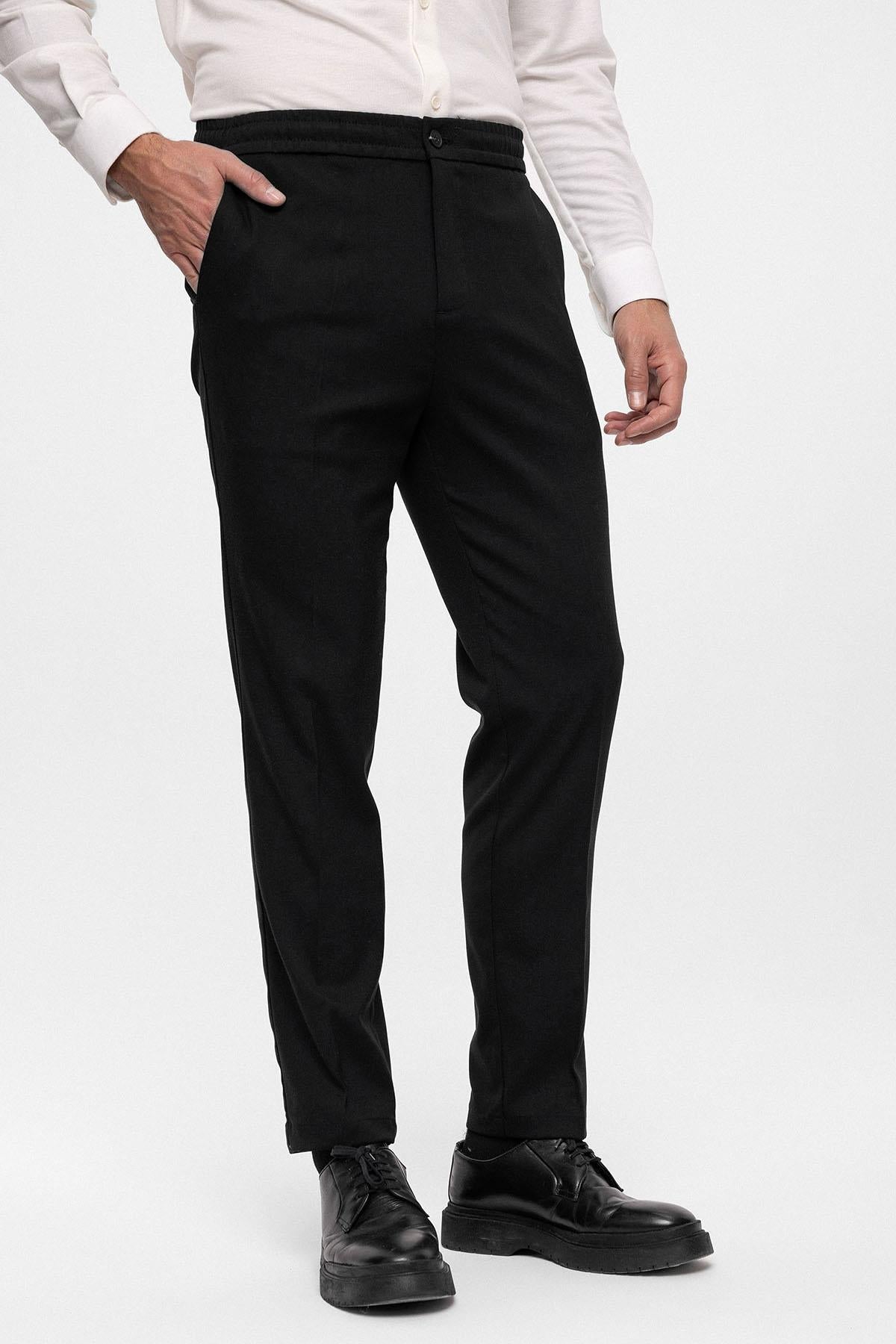 Men's Black Regular Fit Trousers with Elastic Waist