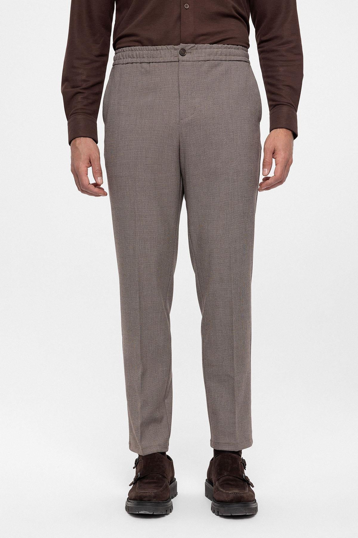 Men's Beige Regular Fit Trousers with Elastic Waist