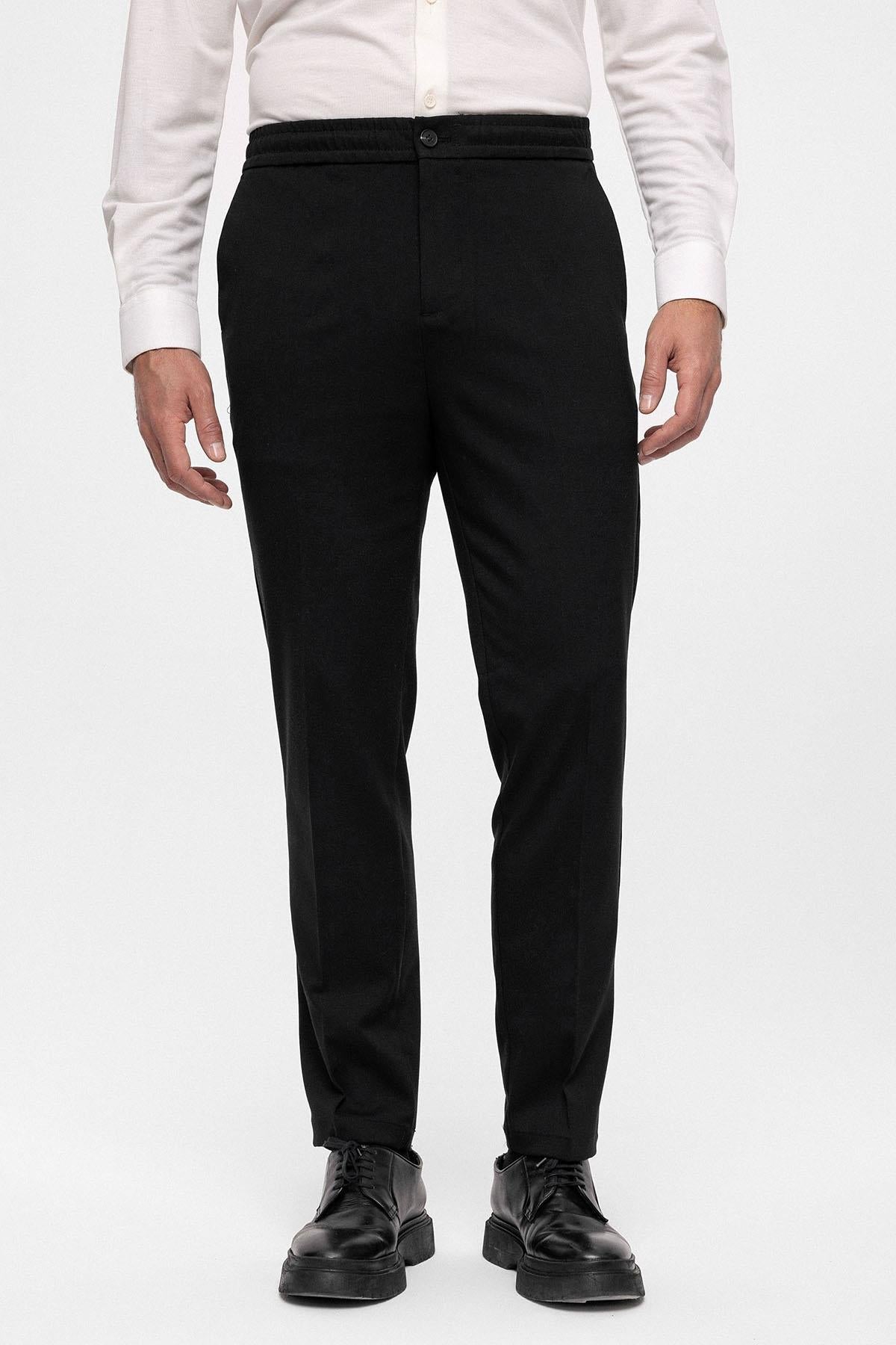 Men's Black Regular Fit Trousers with Elastic Waist