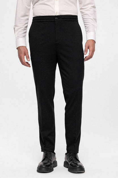 Men's Black Regular Fit Trousers with Elastic Waist