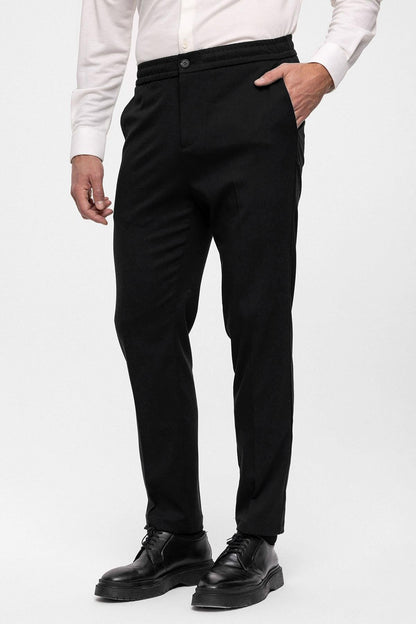 Men's Black Regular Fit Trousers with Elastic Waist