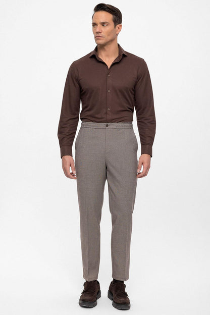 Men's Beige Regular Fit Trousers with Elastic Waist