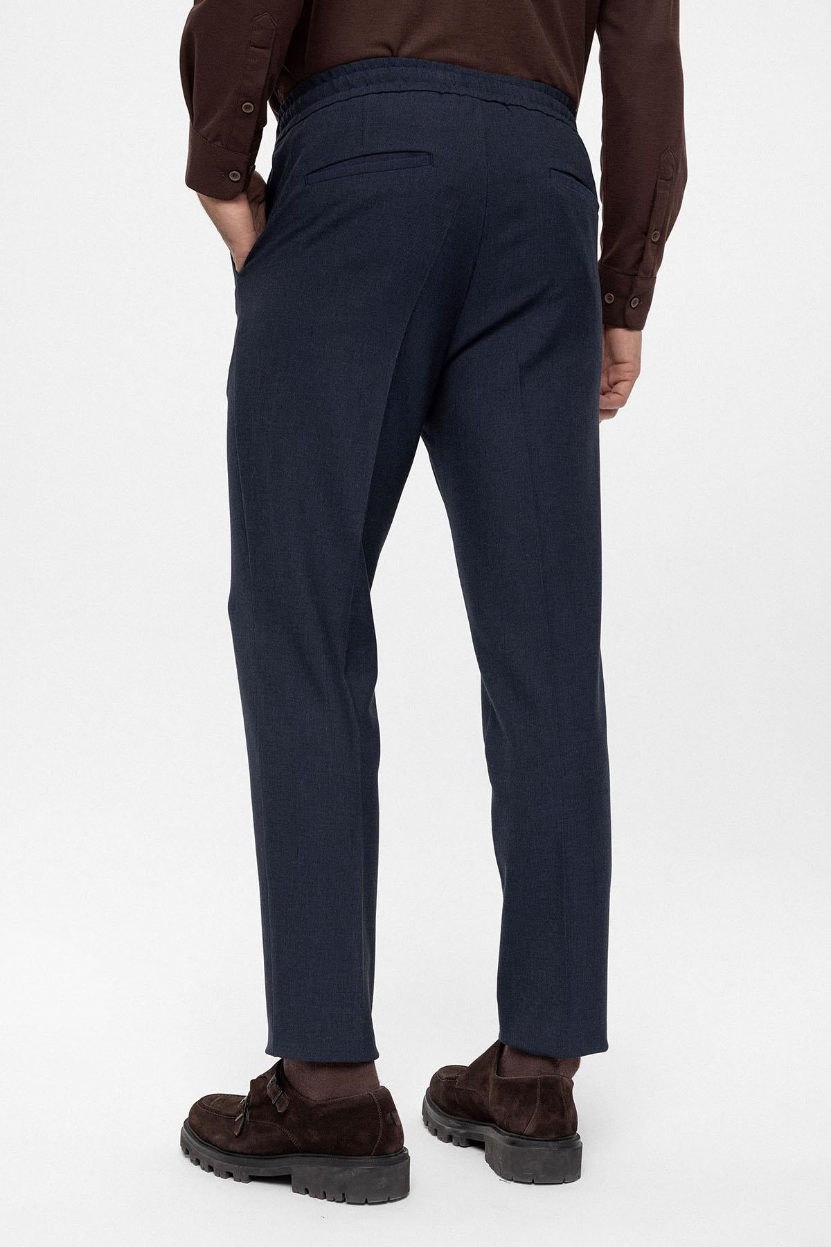 Men's Navy Blue Regular Fit Trousers with Elastic Waist