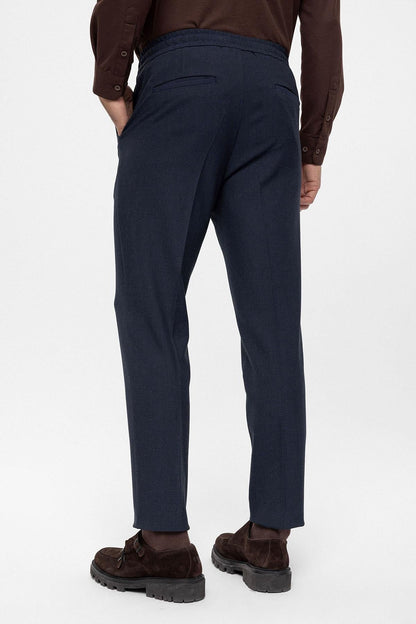 Men's Navy Blue Regular Fit Trousers with Elastic Waist