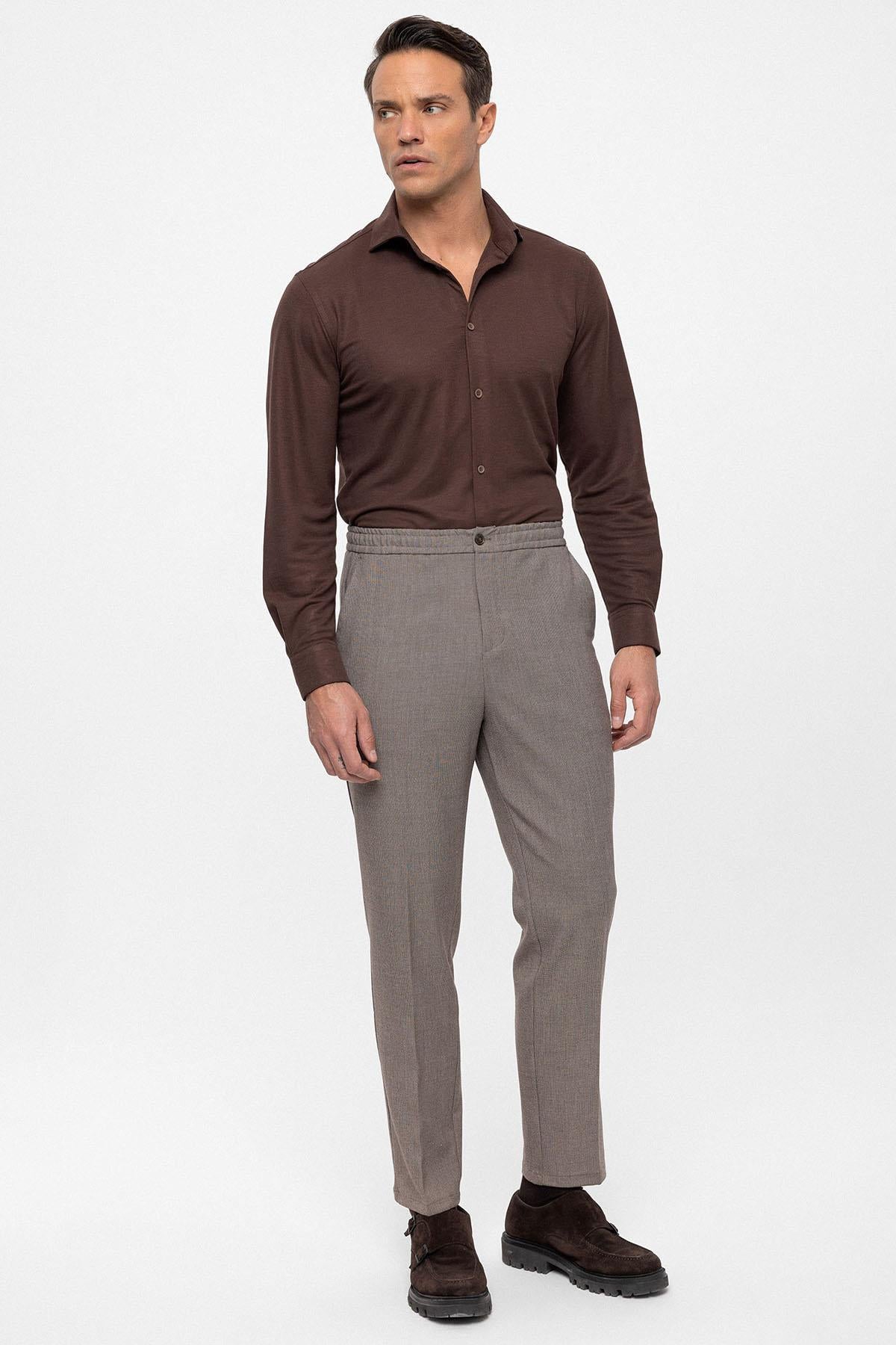 Men's Beige Regular Fit Trousers with Elastic Waist