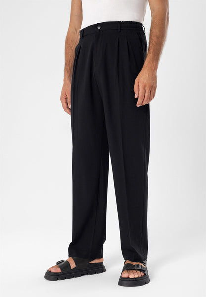 Men's Black Elastic Waist High Waist Pleated Trousers
