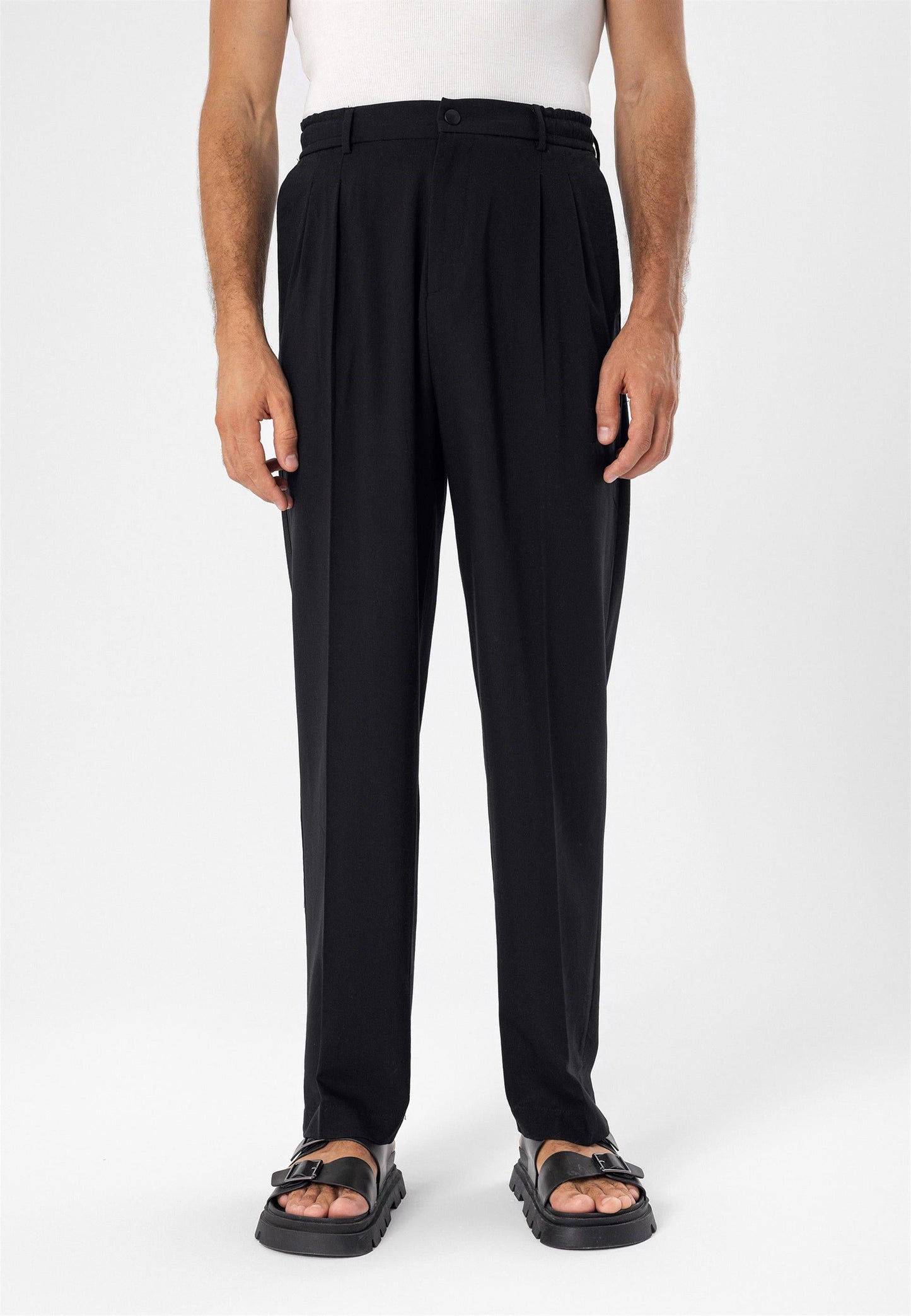 Men's Black Elastic Waist High Waist Pleated Trousers