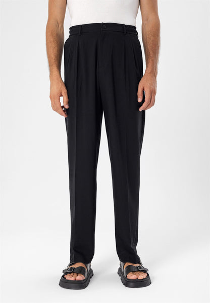 Men's Black Elastic Waist High Waist Pleated Trousers