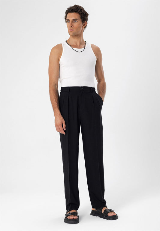 Men's Black Elastic Waist High Waist Pleated Trousers