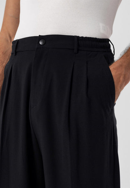 Men's Black Elastic Waist High Waist Pleated Trousers