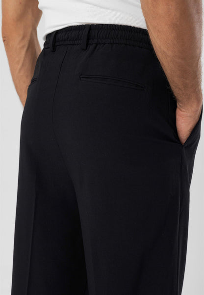 Men's Black Elastic Waist High Waist Pleated Trousers