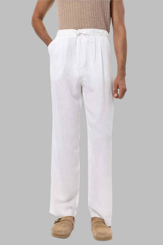 Men's White Belted Linen Blend Pants