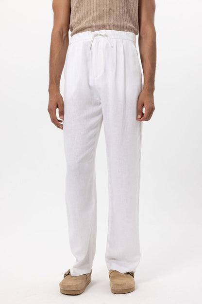 Men's White Belted Linen Blend Pants