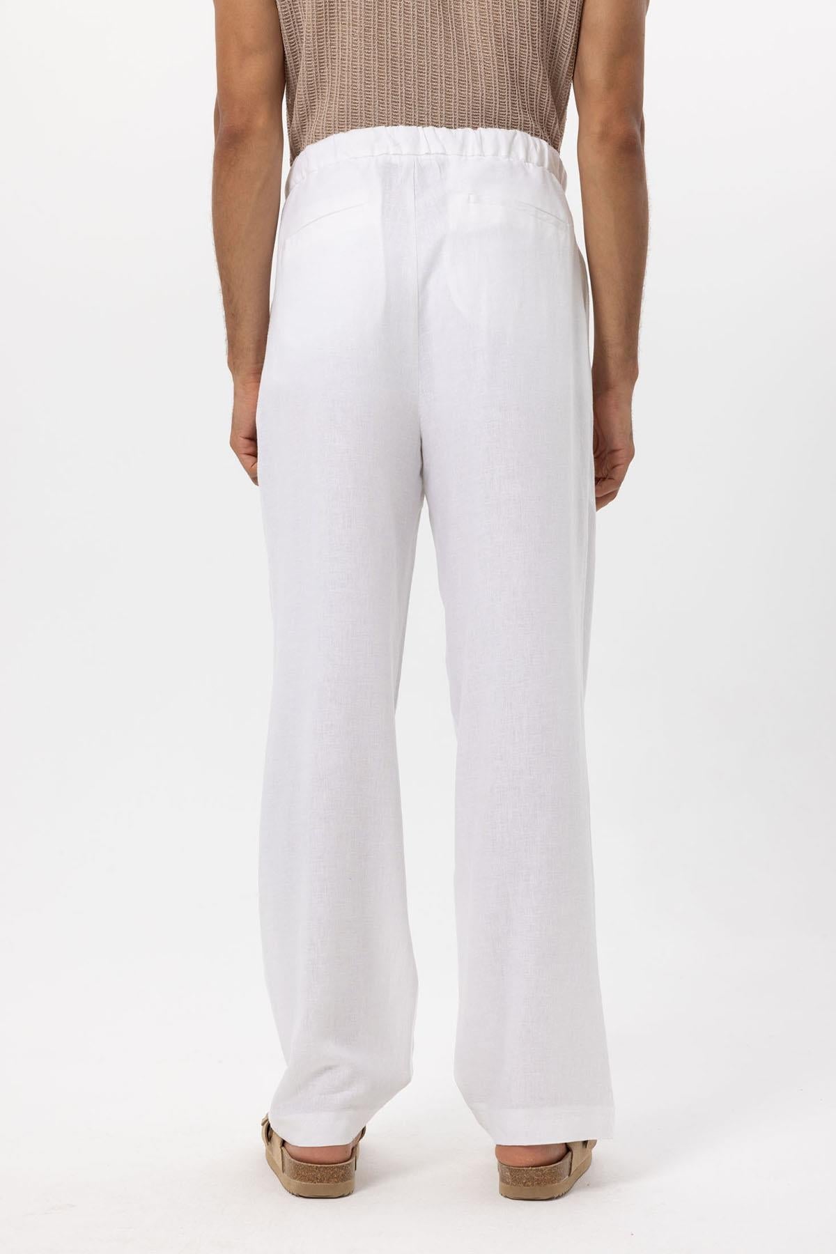 Men's White Belted Linen Blend Pants