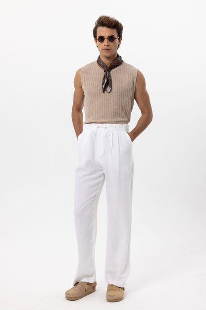 Men's White Belted Linen Blend Pants