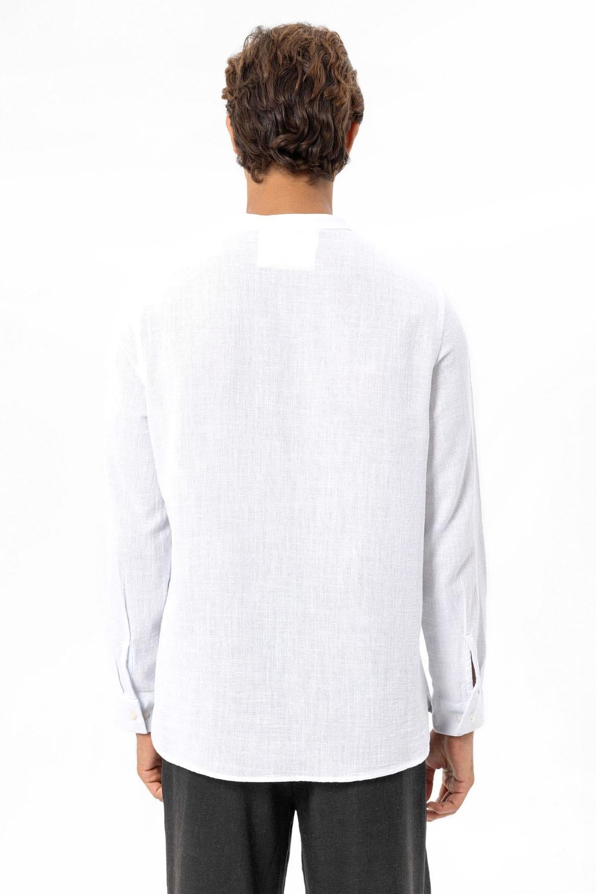 Men's White Mandarin Collar Woven Shirt