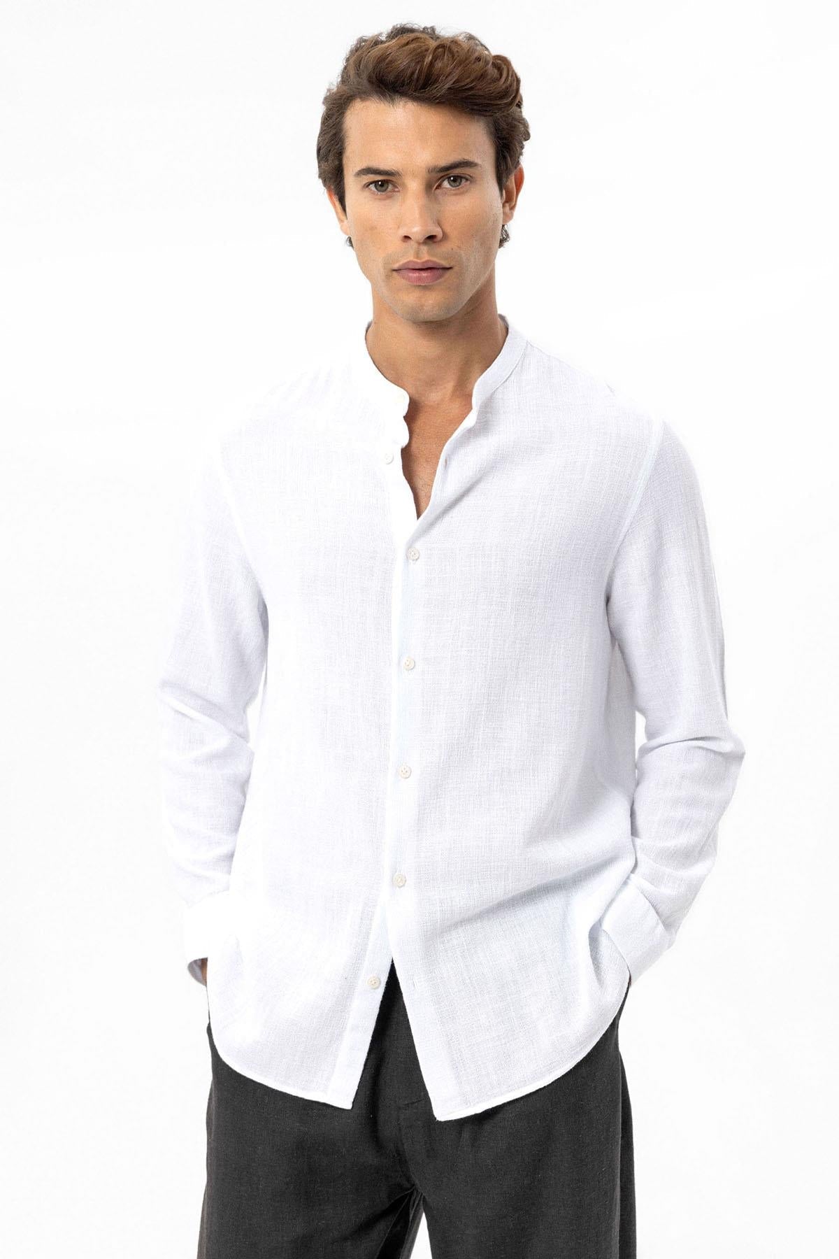 Men's White Mandarin Collar Woven Shirt