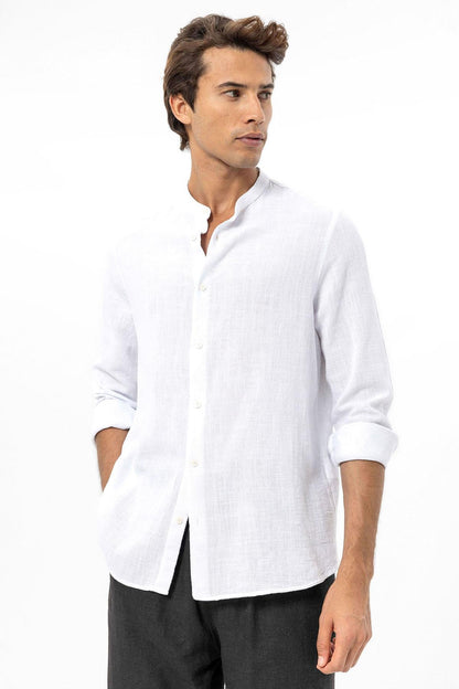 Men's White Mandarin Collar Woven Shirt