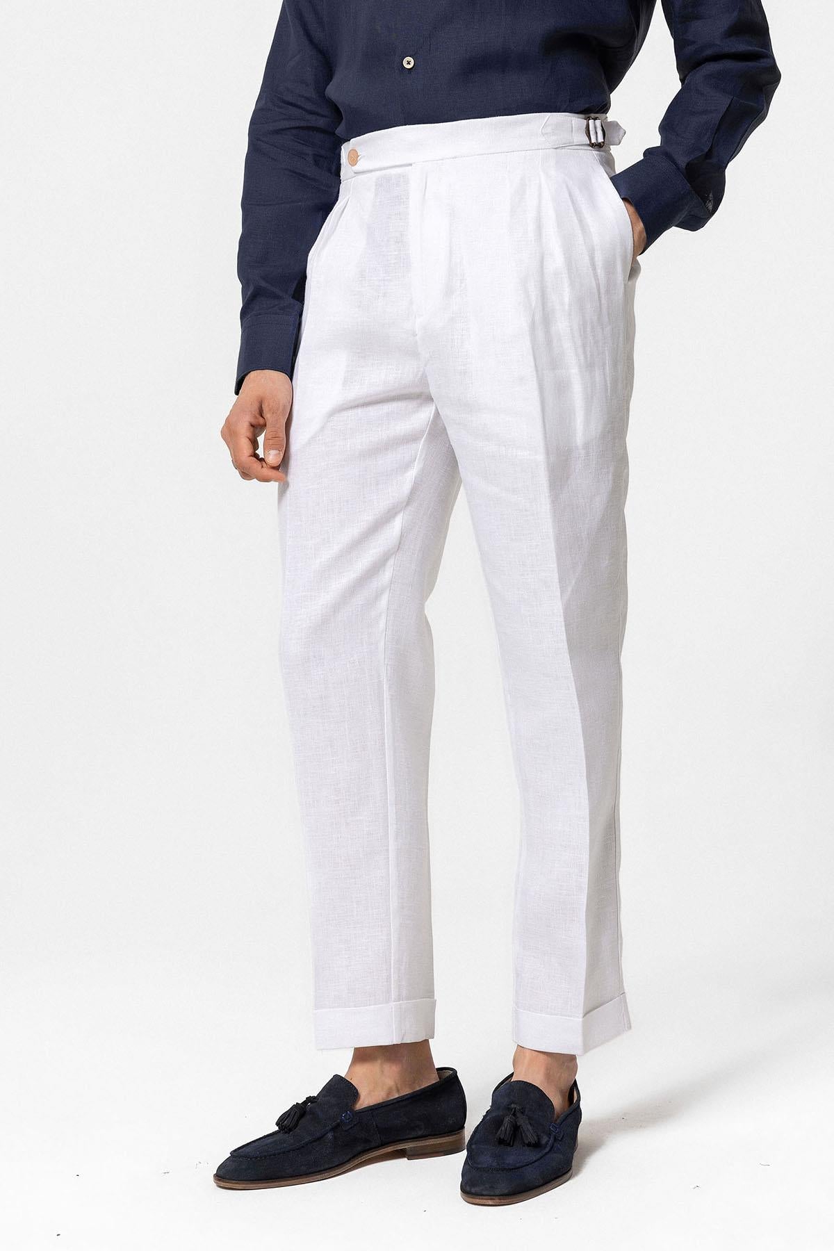 Men's White High-Waist 100% Linen Pleated Pants