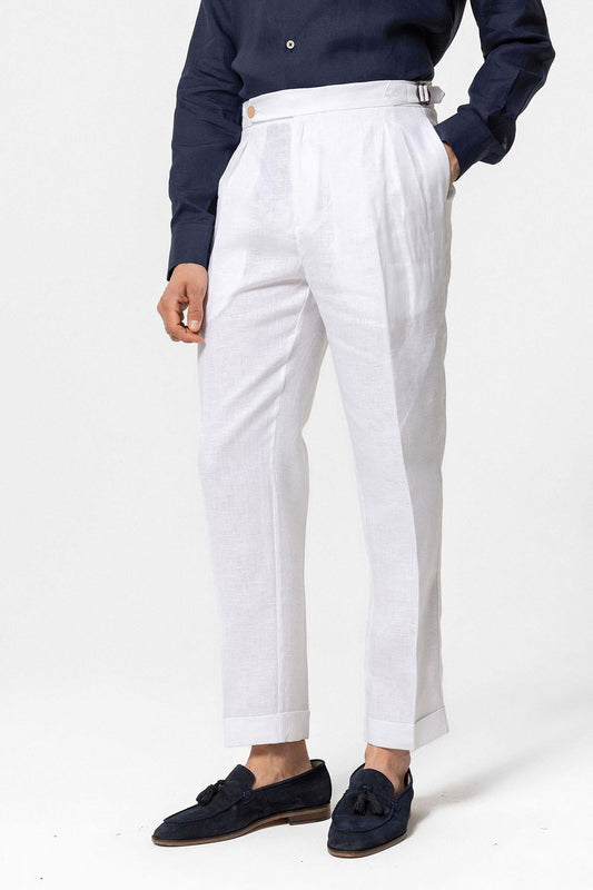 Men's White High-Waist 100% Linen Pleated Pants