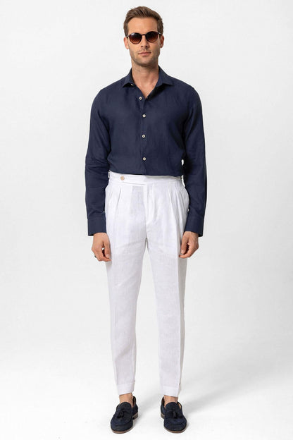 Men's White High-Waist 100% Linen Pleated Pants