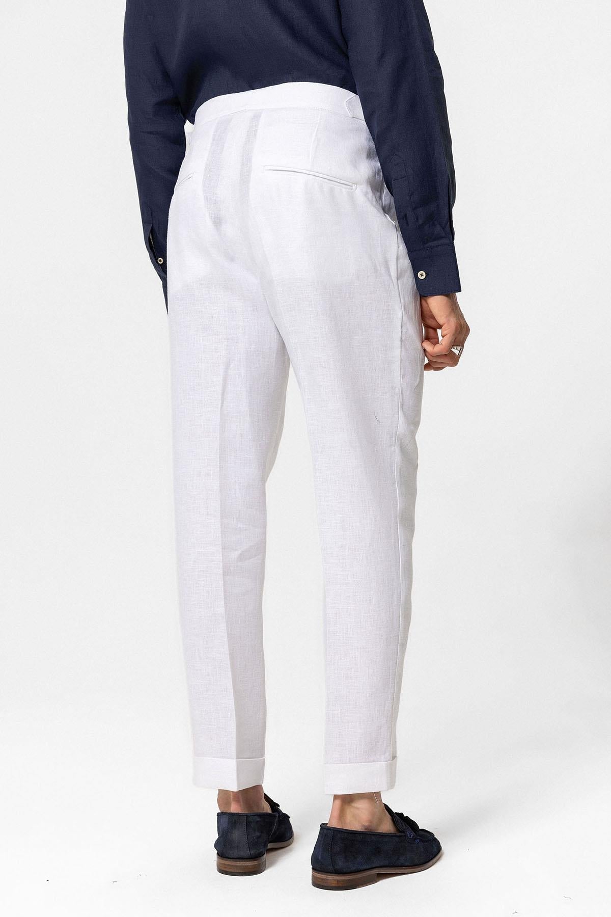 Men's White High-Waist 100% Linen Pleated Pants