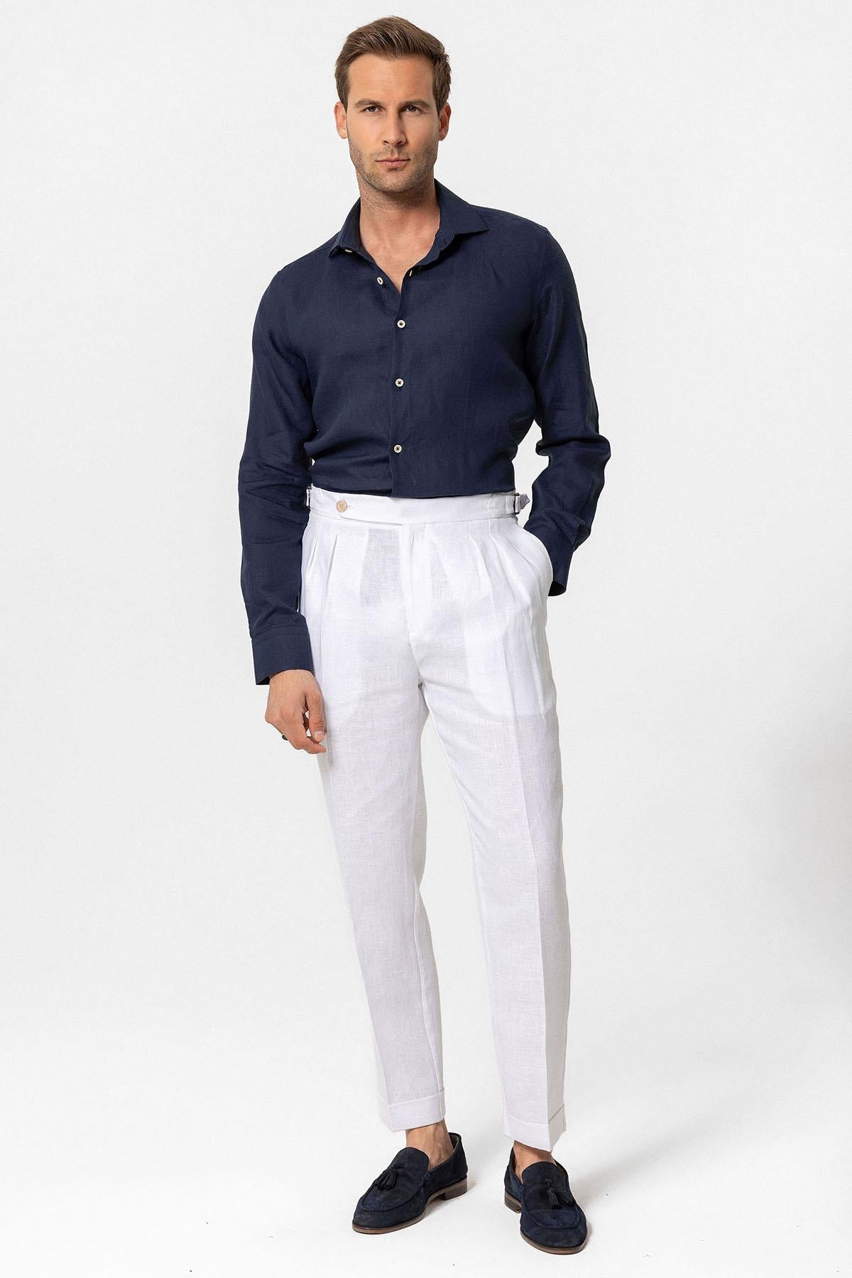 Men's White High-Waist 100% Linen Pleated Pants
